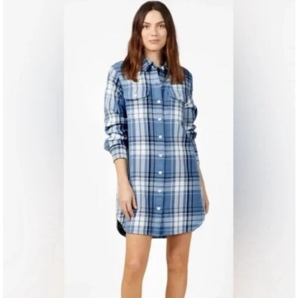 Outerknown Flannel Blanket Shirt Dress Blue White Black Large Button Front NWOT
